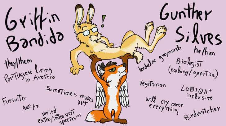 It's an introduction post of the artist: Griffin Bandida (anthropomorphic fox with wings, brown and white hair), also known as Gunther Silves (anthropomorphic hare with glasses). The fox is lifting the hare up in the air, the hare is surprised.